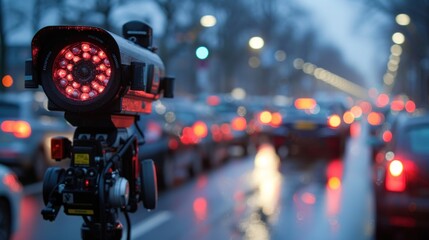 Fototapeta premium Speed Camera Overlooking Bustling City Street at Dusk