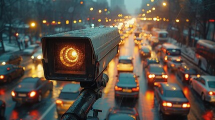 Speed Camera Overlooking Bustling City Street at Dusk