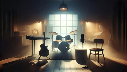 A music recording studio bathed in a soft mist, brimming with creative potential - 772792324
