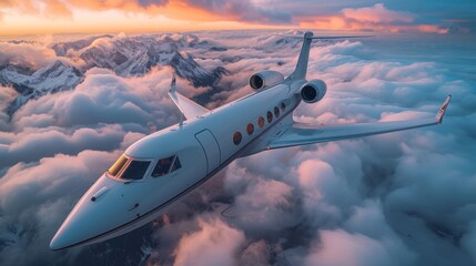 Naklejka na ściany i meble Private Jet Soaring Above Clouds at Sunset