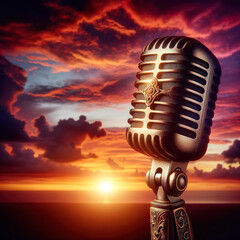 A vintage microphone stands against a vibrant sunset, ready to amplify the twilight's calm