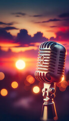 A vintage microphone stands against a vibrant sunset, ready to amplify the twilight's calm