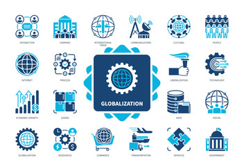 Globalization icon set. Communication, International Trade, Transportation, Social, Cultural, Company, Resources, Technology. Duotone color solid icons