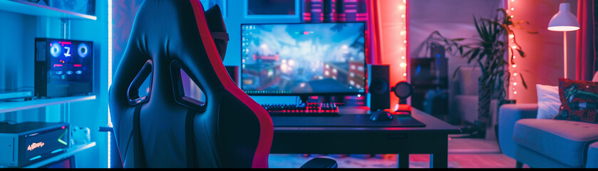 A gaming chair bathed in neon lights faces the desk, an altar to the modern digital warrior and their battles. - obrazy, fototapety, plakaty