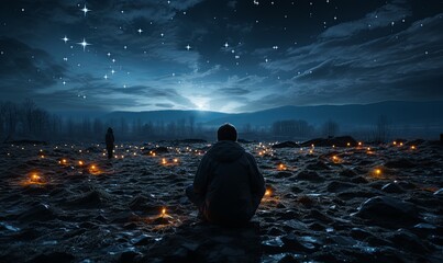 Man Standing in Field at Night