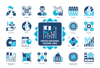 Gross National Income GNI icon set. Investment, Citizens, Export, Economic Growth, Government, Resources, Budget, Residents. Duotone color solid icons