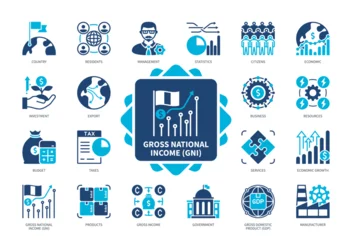 Foto op Plexiglas Gross National Income GNI icon set. Investment, Citizens, Export, Economic Growth, Government, Resources, Budget, Residents. Duotone color solid icons © Genestro
