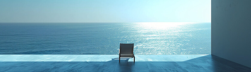 A minimalist chair before an expansive ocean view embodies peace, the simplicity of the scene inviting contemplation. - obrazy, fototapety, plakaty