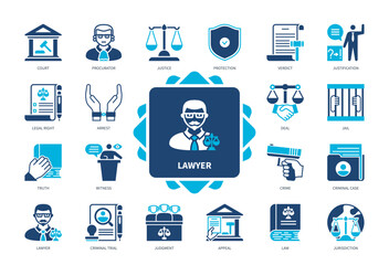 Lawyer icon set. Procurator, Verdict, Jurisdiction, Appeal, Legal Rights, Criminal Case, Justification, Court. Duotone color solid icons - obrazy, fototapety, plakaty