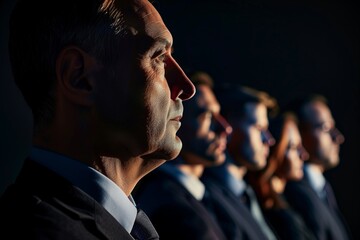 profile of an executive with face in shadow, team behind him