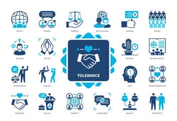 Tolerance icon set. Multicultural, Minority Rights, Diversity, Violence, Religion, Reciprocity, Politics, Opinion. Duotone color solid icons