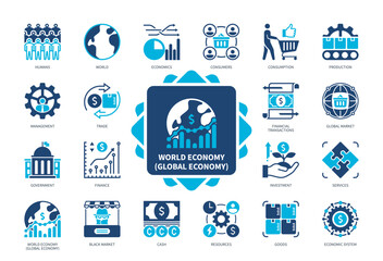 World Economy icon set. Government, Finance, Trade, Investment, Consumption, Production, Black Market, Resources. Duotone color solid icons
