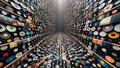 An immersive room entirely clad in vintage music records, creating a hypnotic vinyl tunnel - obrazy, fototapety, plakaty