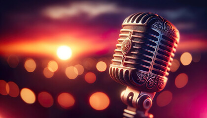 Fototapeta na wymiar A vintage microphone stands against a vibrant sunset, ready to amplify the twilight's calm