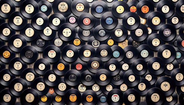 A texture of vintage vinyl records, a collage of musical history