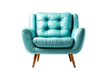 Front of office leather chair or sofa small light blue isolated on cut out PNG or transparent background. Decorated place in living room or drawing room. Modern interior decoration meeting room.