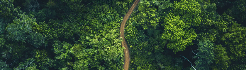 From above, an aerial view of a forest path meanders through lush greenery, an invitation to nature's tranquility. - obrazy, fototapety, plakaty