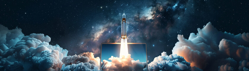 From the screen of a laptop, a rocket launch captivates the viewer, marking a milestone of human achievement and breakthrough.