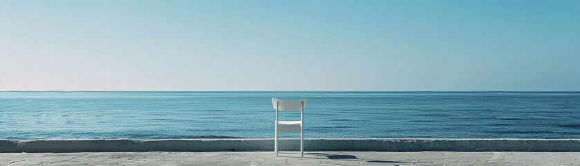 In a minimalist setting, a solitary chair faces the ocean, its serene view a testament to the tranquility of simplicity.