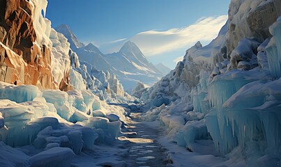 Frozen Trail Covered in Snow and Ice - obrazy, fototapety, plakaty
