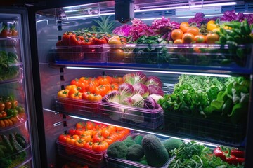 Refrigerator Shelves Stocked With Fresh Vegetarian Produce