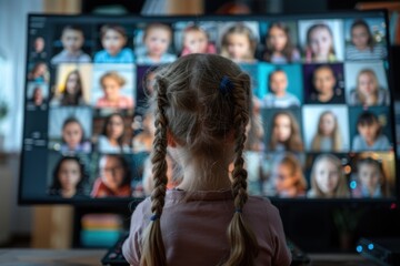 Young Girl Watching an Array of Faces on a Large Screen