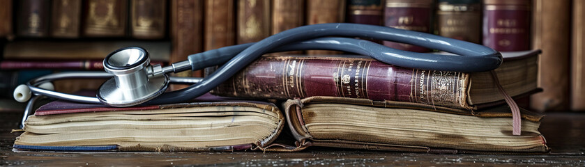 In the quiet of a vintage study, a stethoscope lies among aged medical books, a nod to the enduring quest for knowledge. - obrazy, fototapety, plakaty