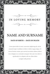 Funeral card. In loving memory of those who are forever in our hearts. Elegant design. Vector illustration.