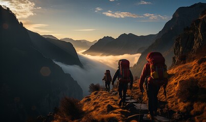 Group of Hikers Climbing Rocky Mountain Slope