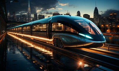 Futuristic Train Traveling Through City at Night