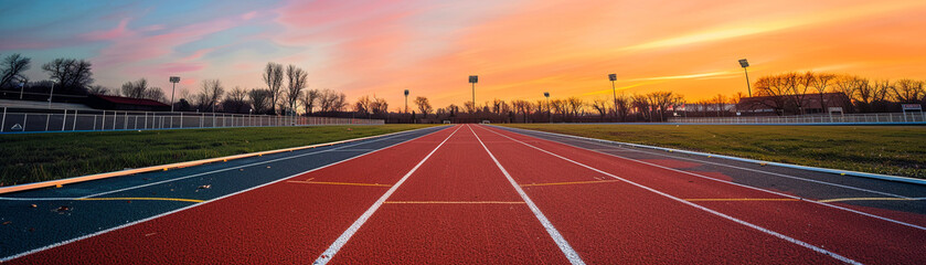 In the serene embrace of a clear sky, the stadium's lanes lie in wait for the flurry of track and field athletes. - obrazy, fototapety, plakaty