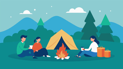 A tent set up in the wilderness with a family sitting around a campfire roasting marshmallows and sharing stories. The peacefulness of nature