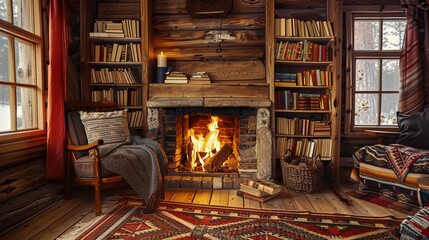 A cozy reading nook with a crackling fireplace and shelves of books, invoking the ambiance of a rustic cabin - obrazy, fototapety, plakaty