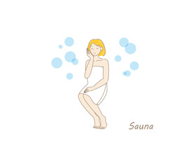 サウナと、水風呂と、外気に当たりながら体を冷ますことのセットを繰り返し行い、深いリラックス状態になったサウナ好きの可愛い女性 ととのう サウナ女子 シンプル イラスト ベクター
