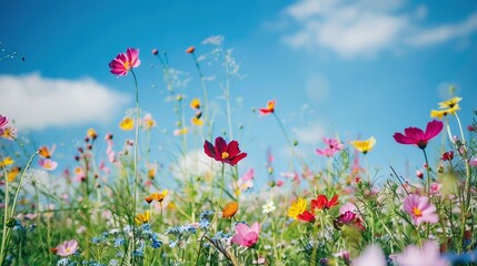 A field of colorful wildflowers stretching to the horizon, under a clear blue sky