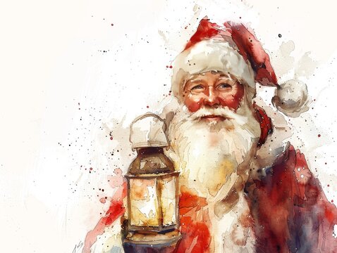 A gentle depiction of Santa Claus in watercolor, holding a lantern, his face aglow with a soft light, isolated on white, showcasing the warmth of the holiday spirit