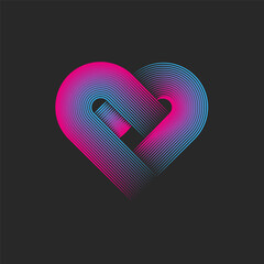 Abstract heart shape logo, linear creative design emblem print from overlapping parallel thin lines pink blue gradient.