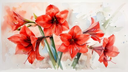 Amaryllis blooms in watercolor, bold red petals with striking green stems, a holiday floral masterpiece