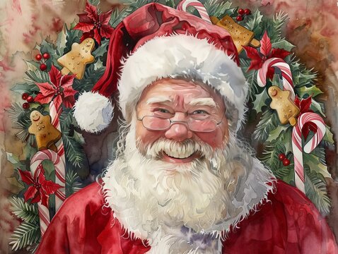 A watercolor portrait of Santa Claus, his jolly expression framed by a unique Christmas wreath made of candy canes and gingerbread, embodying the spirit of giving and festivity