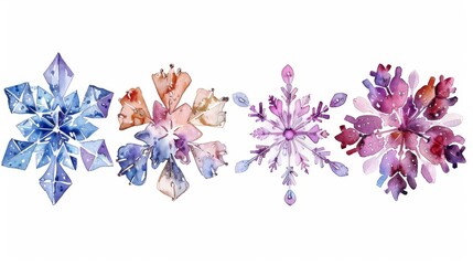 Delicate watercolor snowflakes, each with unique crystalline designs, isolated against a pure white background, embodying winters intricate beauty