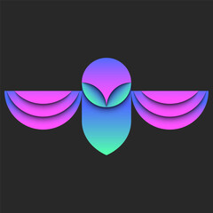 Abstract owl bird logo, paper cut design. Artificial bird with wings spread front view minimal geometric shape, concept knowledge symbol with overlapping areas, layers, bright gradient, and shadows.