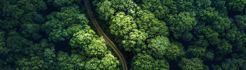 The tranquil path through the forest, captured from above, winds elegantly through nature's lush greenery. - obrazy, fototapety, plakaty