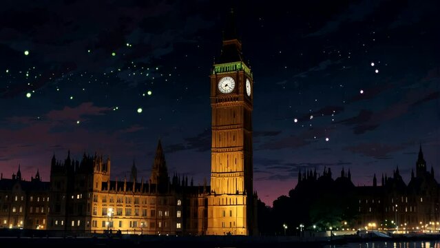The beauty of Big Ben's Animated view at Night Seamless looping 4k time-lapse animation video background