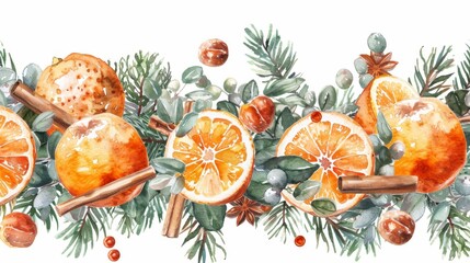 Isolated watercolor wreath combining cinnamon sticks, orange slices, and greenery, a fragrant portrayal of holiday warmth and joy - obrazy, fototapety, plakaty