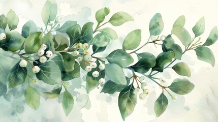 Mistletoe clusters in delicate watercolor, shades of green with tiny white berries, inviting festive kisses - obrazy, fototapety, plakaty