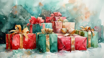 Piles of watercolor Christmas presents, wrapped in vibrant reds and greens, adorned with delicate golden bows - obrazy, fototapety, plakaty