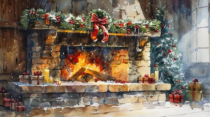 Rustic fireplace in watercolor, logs ablaze, casting a warm glow over a room decked out in festive decor