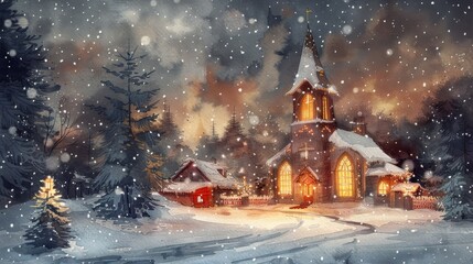 Soft watercolor scene of a village church on Christmas Eve, warm light pouring from stained glass windows into the snowy night - obrazy, fototapety, plakaty