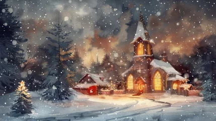 Deurstickers Soft watercolor scene of a village church on Christmas Eve, warm light pouring from stained glass windows into the snowy night © Pornarun
