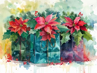 Watercolor gift bags, brimming with holly and poinsettias, cheerful colors spreading holiday joy
